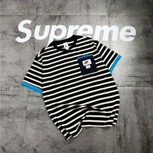 Nike Black and White Striped Tee with Blue Trim